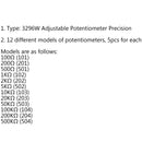 4Set 3296W Adjustable Potentiometer Precision 100R-2M Adjust Resistor 12 Values