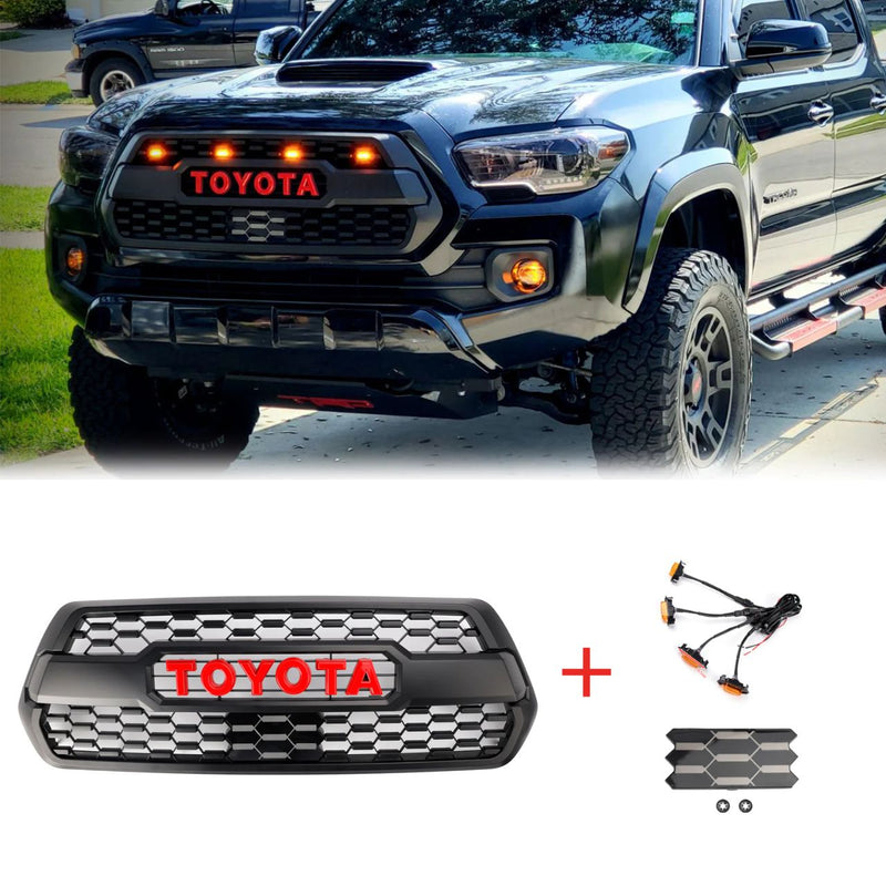 Tacoma TRD Pro 2016-2023 Grill Replacement Grille + ACC DRCC Garnish Sensor Cover + LED Lights + Grey / Red / White Letter