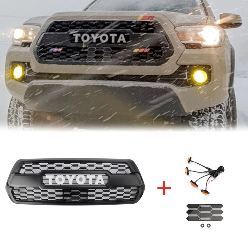 Tacoma TRD Pro 2016-2023 Grill Replacement Grille + ACC DRCC Garnish Sensor Cover + LED Lights + Grey / Red / White Letter