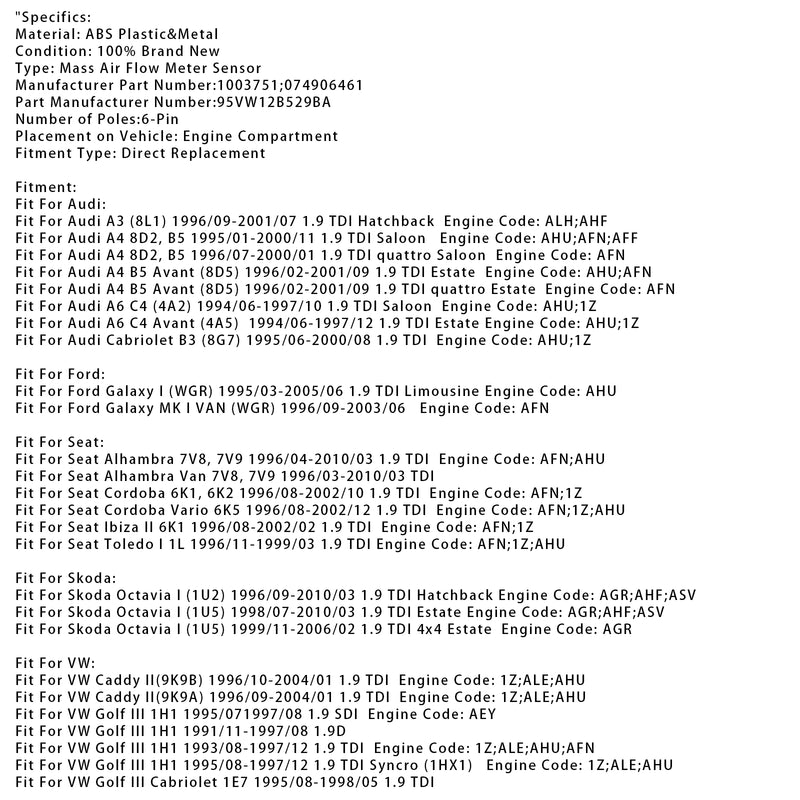 Mass Air Flow Meter Sensor For Audi A3 8L1 VW Golf IV Passat B5 074906461