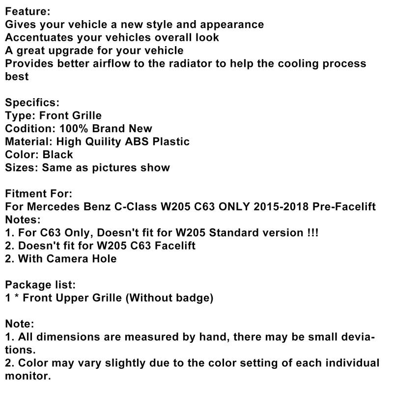 Front Bumper Grille Grill Fit Mercedes Benz W205 C63 2015-2018 Pre-Facelift