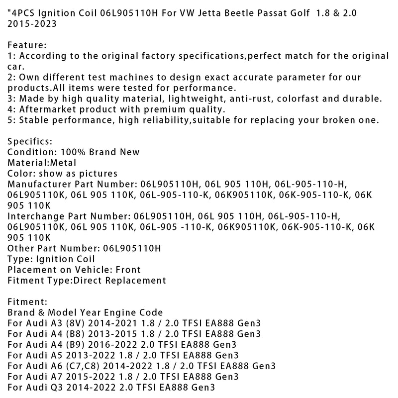 4PCS Ignition Coil 06L905110H For VW Jetta Beetle Passat Golf  1.8 & 2.0 15-2023