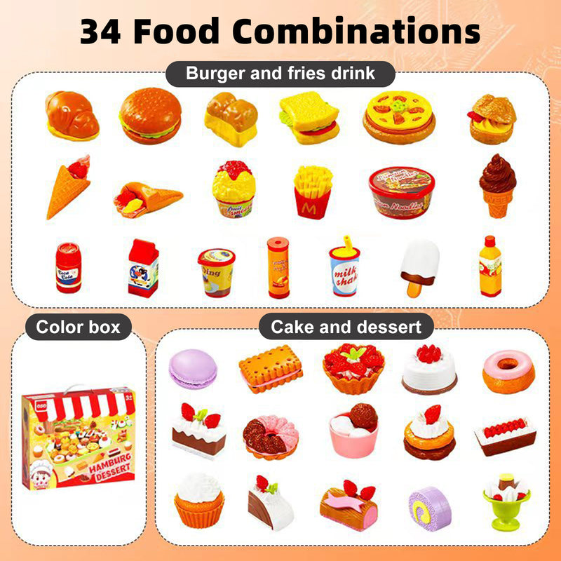 34Pcs Simulation Food Dessert Ice Cream Bread Food Toy For Boys And Girls