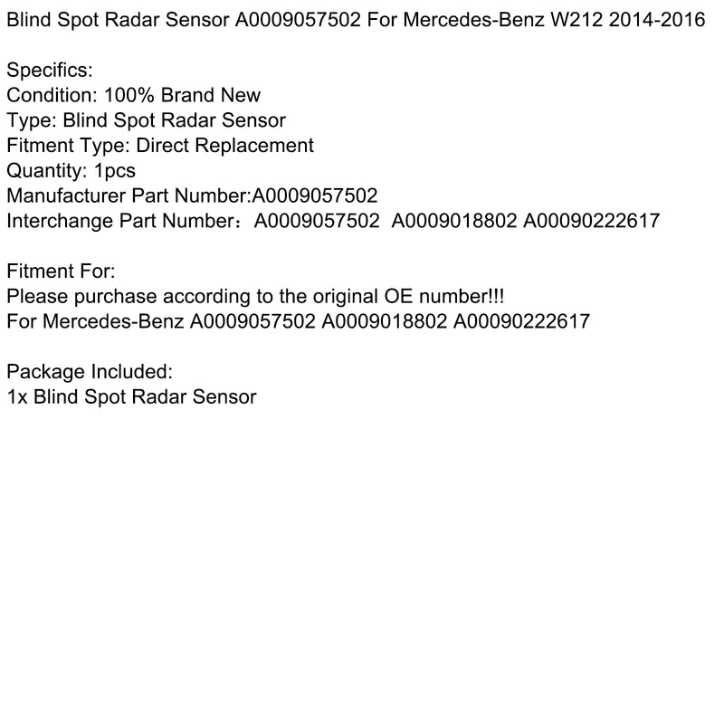 Blind Spot Radar Sensor A0009057502 For Mercedes-Benz W212 2014-2016