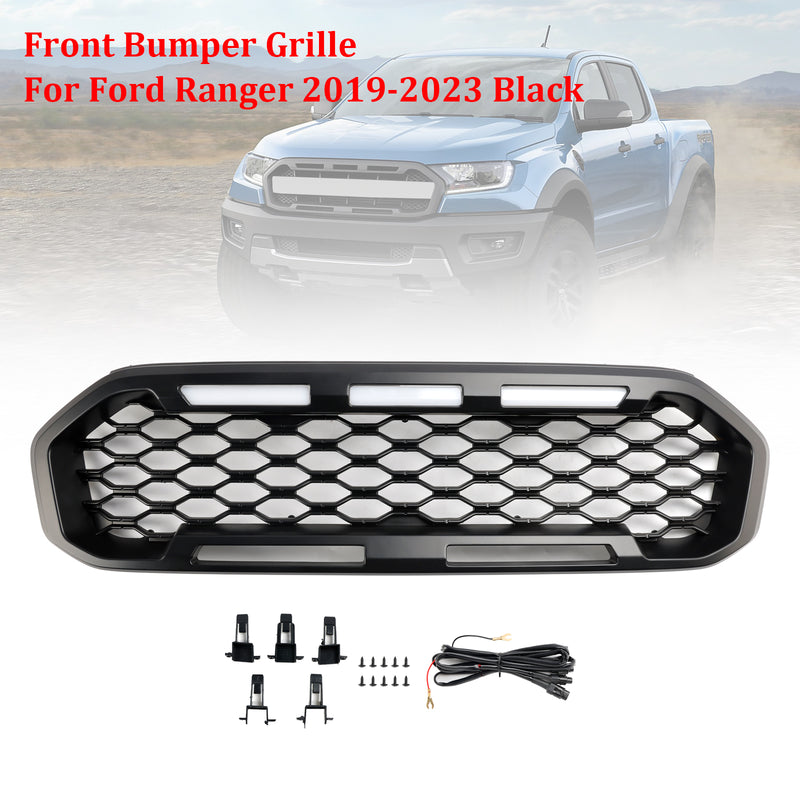 Front Bumper Grill Grille Fit Ford Ranger T8 2019-2023 Black W/LED Light