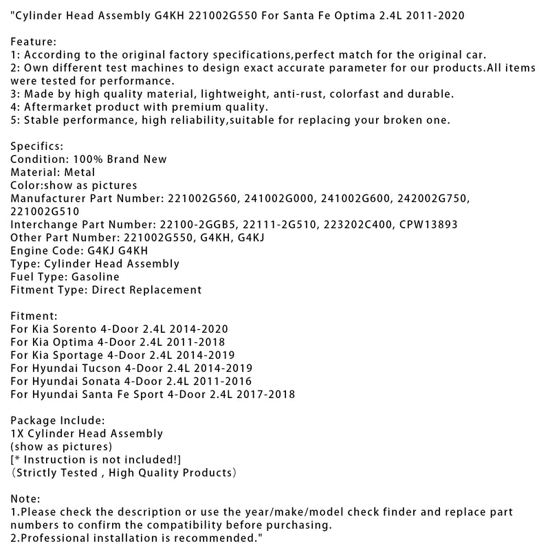 Cylinder Head Assembly G4KH 221002G550 For Santa Fe Optima 2.4L 2011-2020