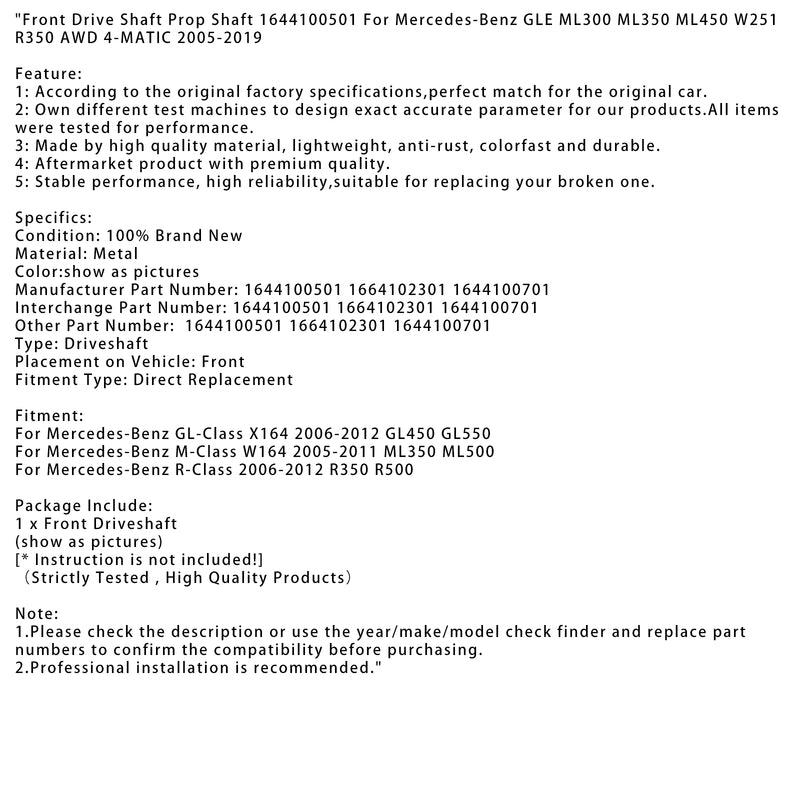 Front Drive Shaft Prop Shaft 1644100501 For Mercedes-Benz GLE ML300 2005-2019