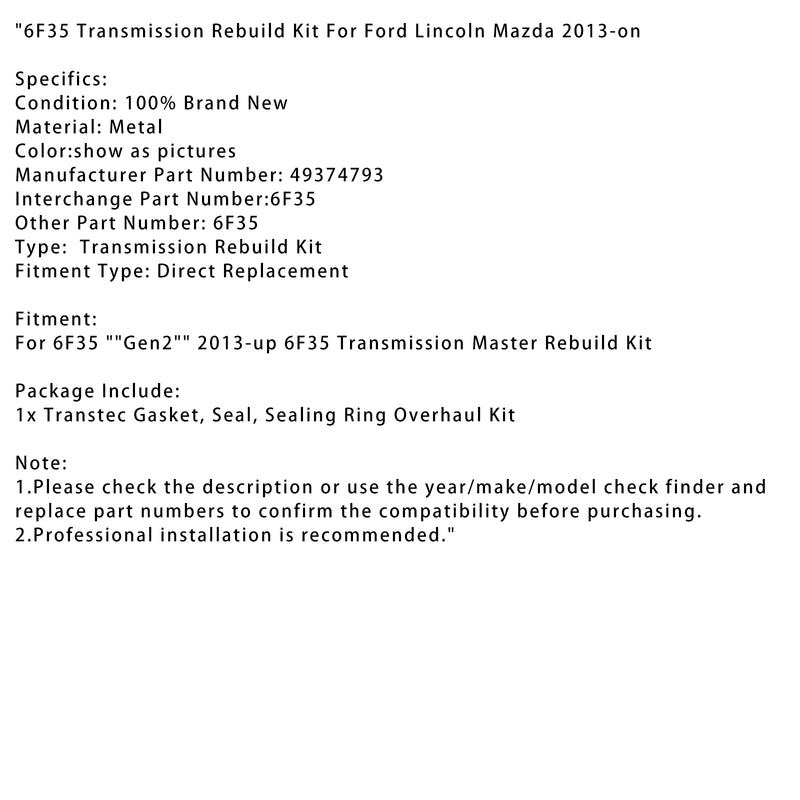 6F35 Transmission Rebuild Kit For Ford Lincoln Mazda 2013-on