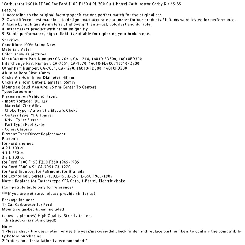 Carburetor 16010-FD300 For Ford F100 F150 4.9L 300 Cu 1-barrel Carburettor Carby Kit 65-85