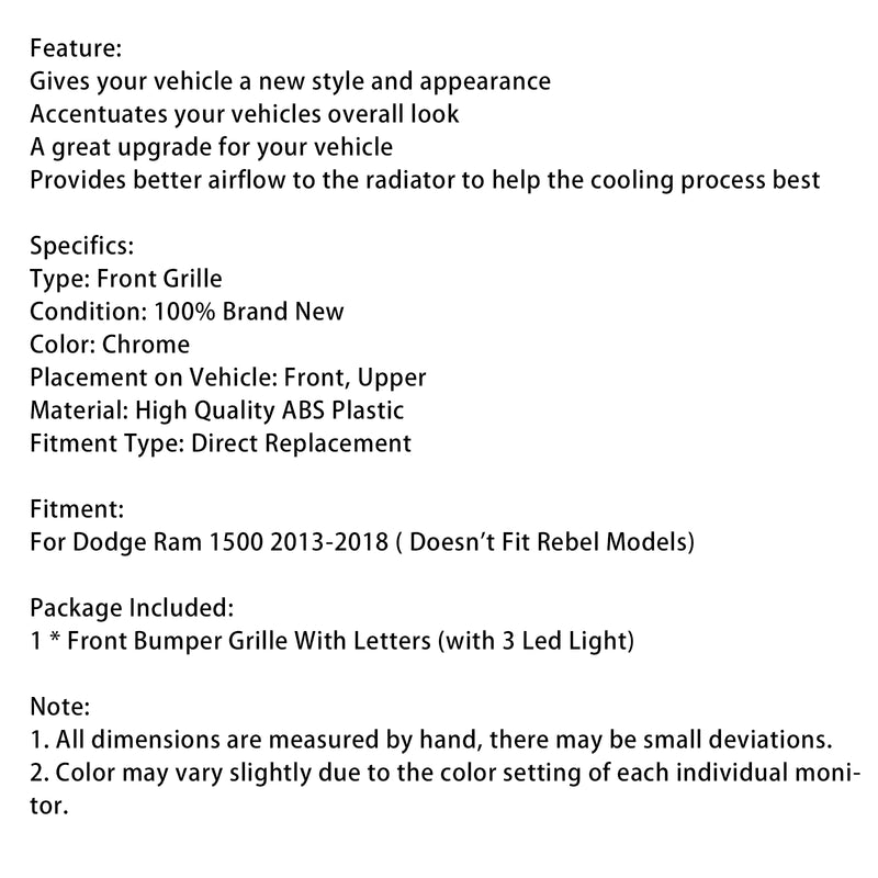 Big Horn Style Front Bumper Grill Grille Fit Dodge Ram 1500 2013-2018 Chrome