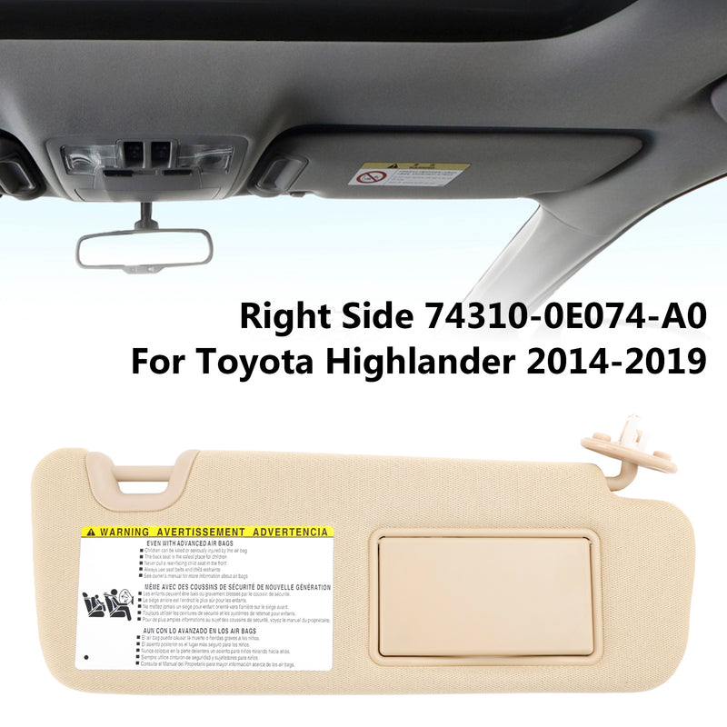 Toyota Highlander 2014-2019 Right Side Sun Visor W/Vanity Light 74310-0E074-A0