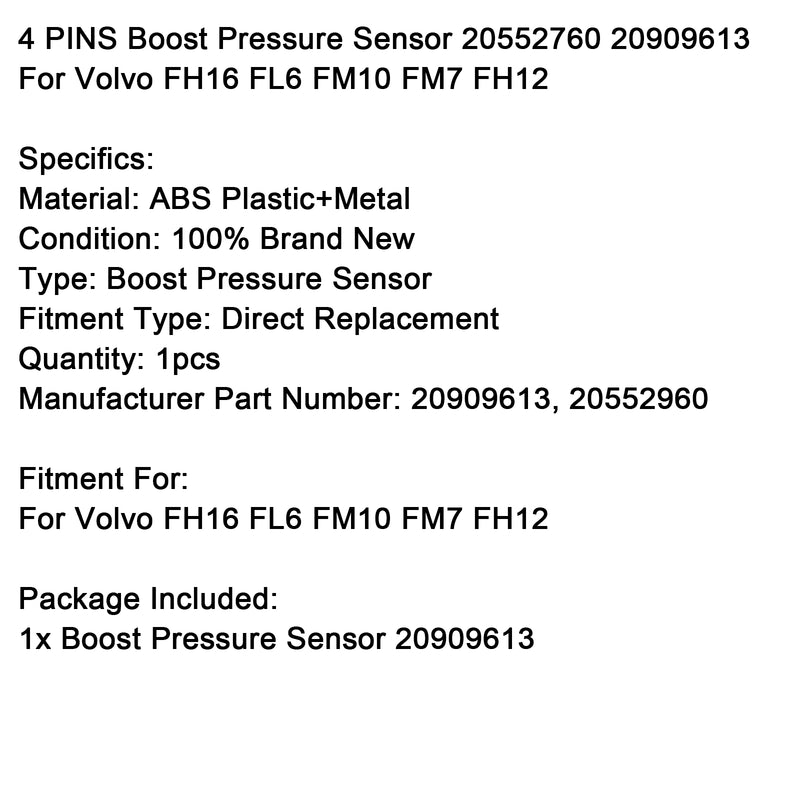 4 PINS Boost Pressure Sensor 20552760 20909613 For Volvo FH16 FL6 FM10 FM7 FH12