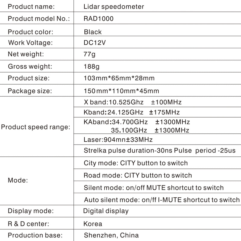 RAD1000 360° Car Laser Electronic Dog Speed Radar Lidar Speed Measuring Detector