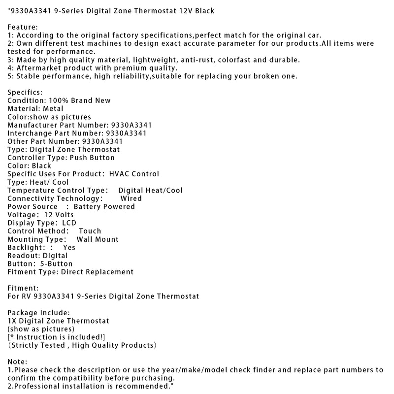 9330A3341 9-Series Digital Zone Thermostat 12V Black