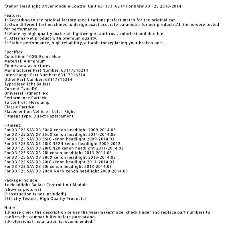 Xenon Headlight Driver Module Control Unit 63117316214 For BMW X3 F25 2010-2014