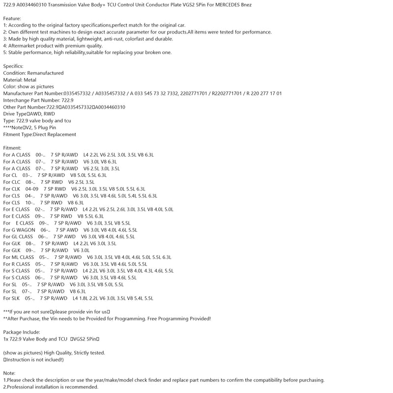 722.9 A0034460310 Transmission Valve Body+ TCU Control Unit For E CLASS 02-.. 7 SP RWD R/AWD