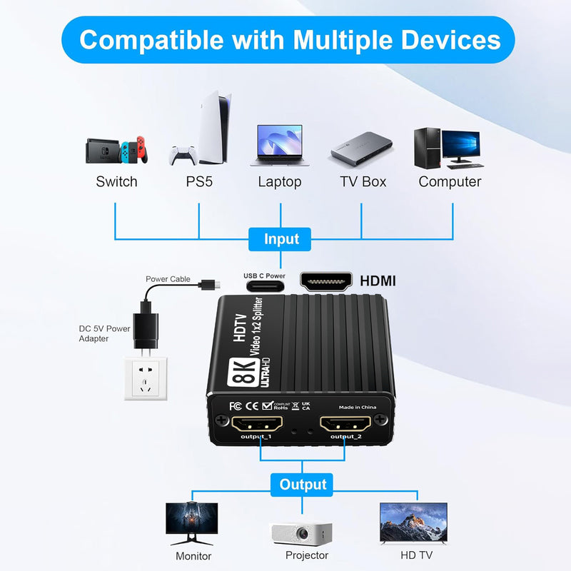 8K HDMI 1 to 2 Splitter HD2.1 8K60hz/4K120hz/1080P240hz w EDID 1 Input 2 Output