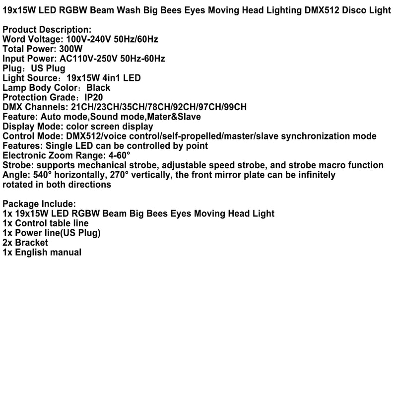 19x15W LED RGBW Beam Wash Big Bees Eyes Moving Head Lighting DMX512 Disco Light