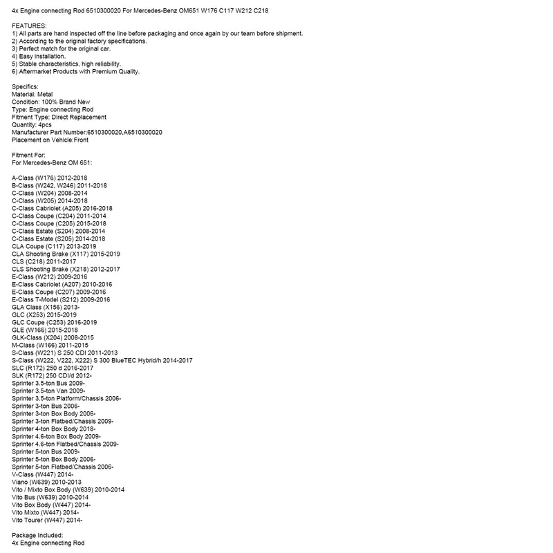 4x Engine connecting Rod 6510300020 For Mercedes OM651 W176 C117 W212 C218