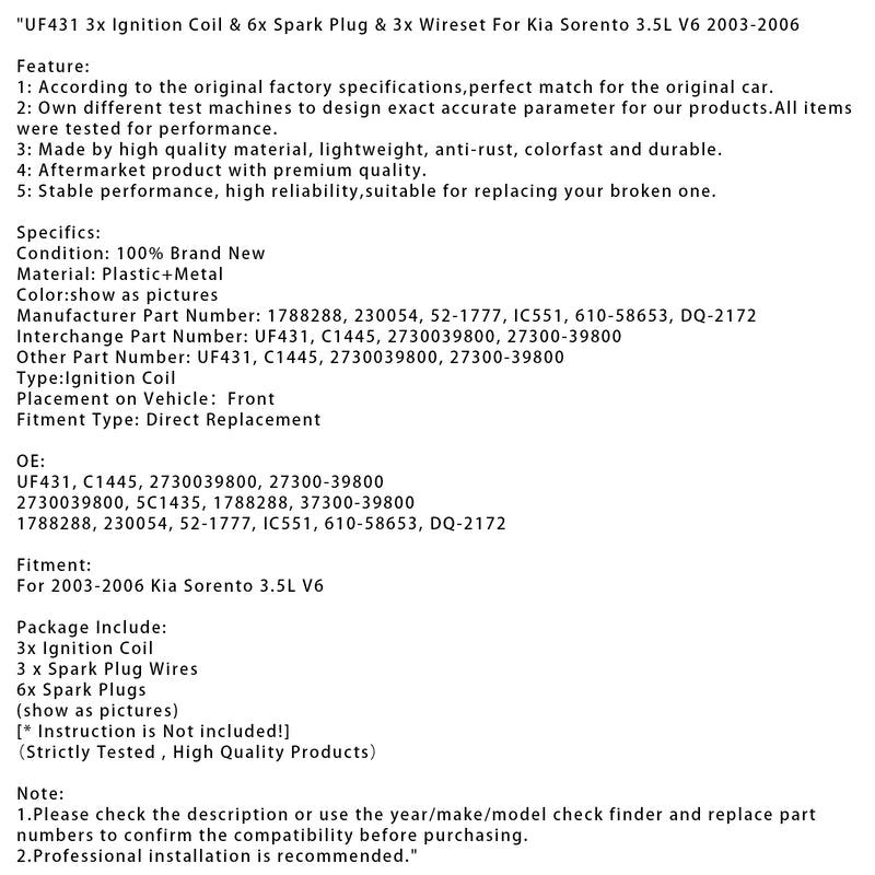 UF431 3x Ignition Coil & 6x Spark Plug & 3x Wireset For Kia Sorento 3.5L V6