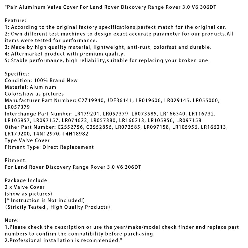 Pair Aluminum Valve Cover For Land Rover Discovery Range Rover 3.0 V6 306DT