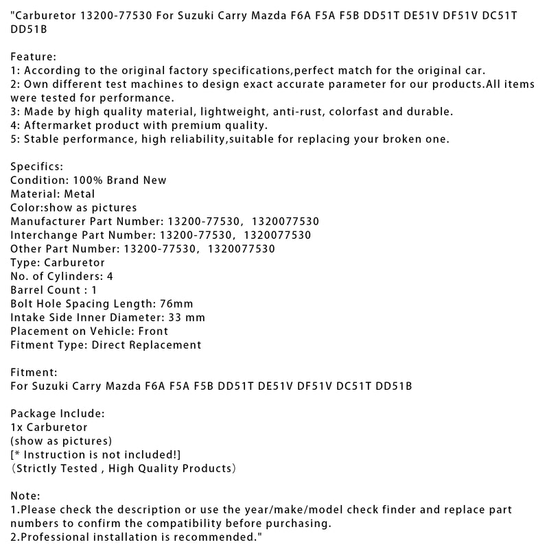 Carburetor 13200-77530 For Suzuki Carry Mazda F6A F5A F5B DD51T DE51V DF51V
