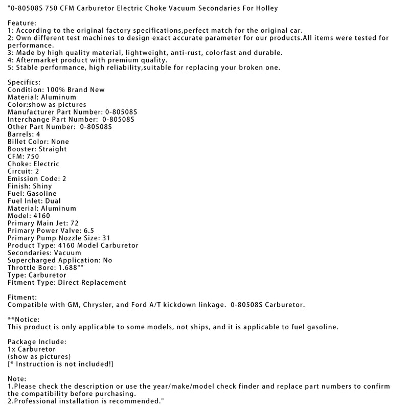 0-80508S 750 CFM Carburetor Electric Choke Vacuum Secondaries