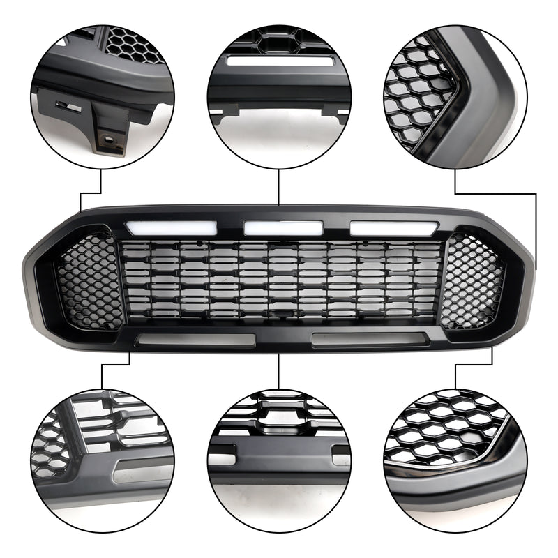 Black Front Bumper Grill Grille Fit Ford Ranger T8 2019-2023 W/LED Light