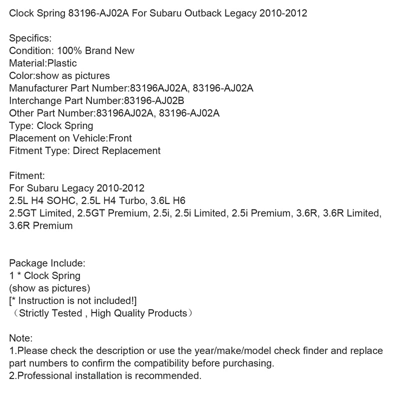 Clock Spring 83196-AJ02A For Subaru Outback Legacy 2010-2012