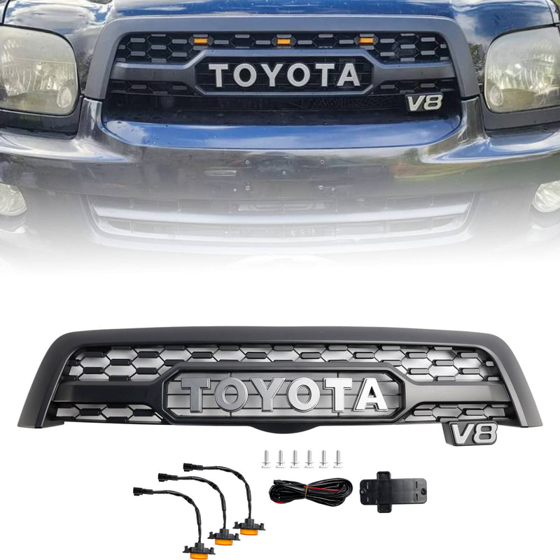 2005 2006 2007 Toyota Sequoia V8 Matte Black Front Bumper Grill Grille W/ Led Light