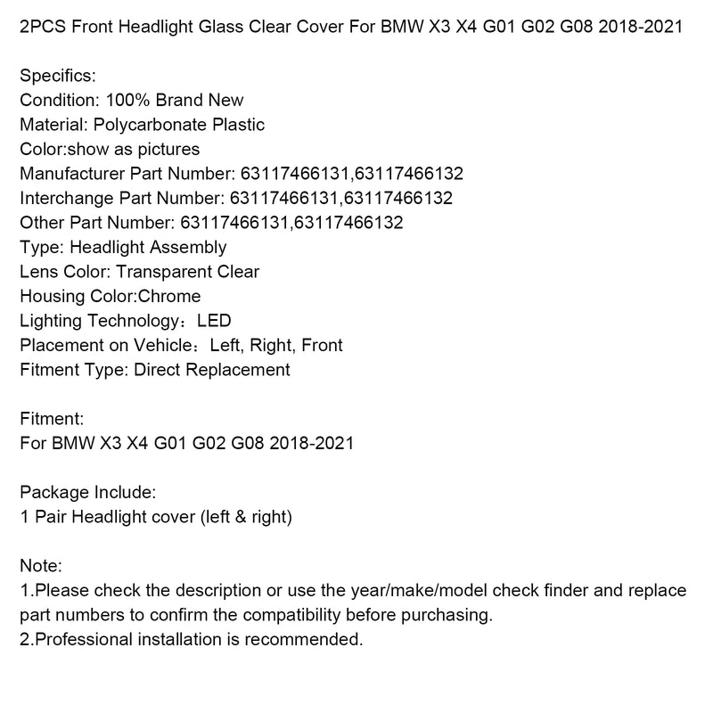 2PCS Front Headlight Glass Clear Cover For BMW X3 X4 G01 G02 G08 2018-2021