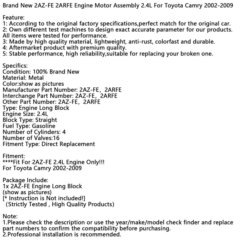 Brand New 2AZ-FE 2ARFE Engine Motor Assembly 2.4L For Toyota Camry 2002-2009