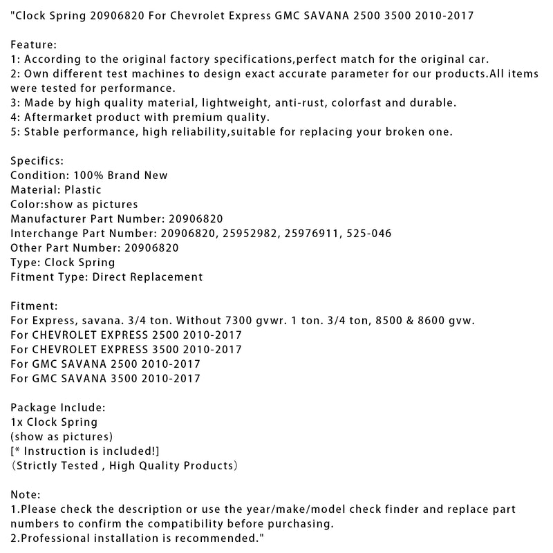 Clock Spring 20906820 For Chevrolet Express GMC SAVANA 2500 3500 2010-2017
