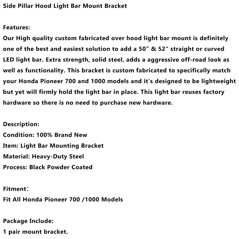 Side Pillar Hood Light Bar Mount Bracket For Honda Pioneer 700 1000 2014+