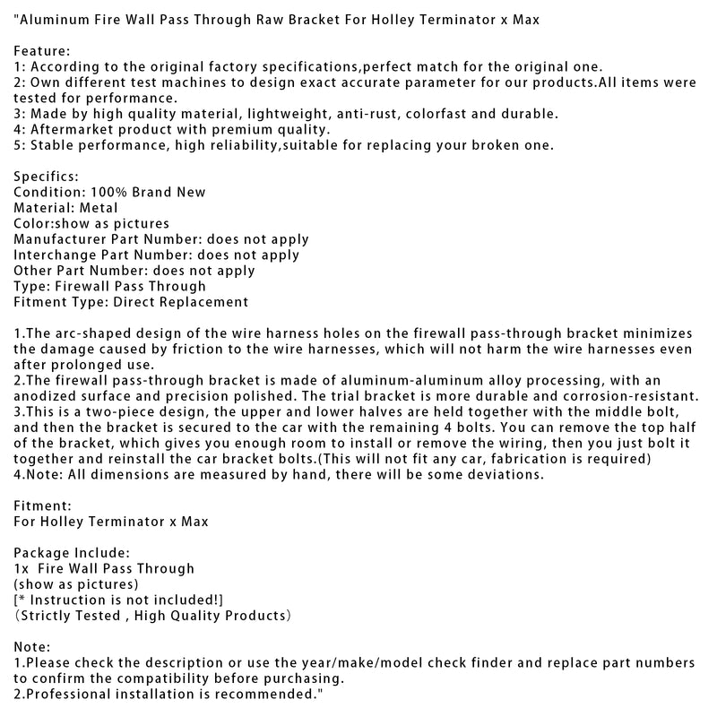 Aluminum Fire Wall Pass Through Raw Bracket For Holley Terminator x Max