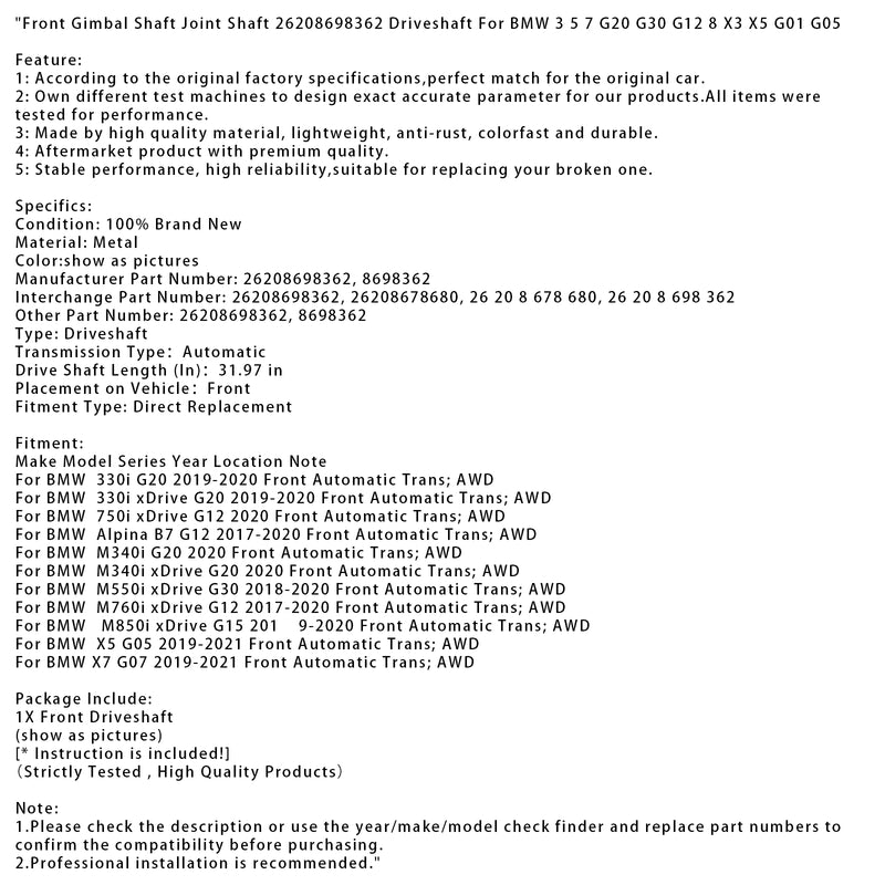 Front Gimbal Shaft Joint Shaft 26208698362 Driveshaft For BMW 3 5 7 G20 G30 G12