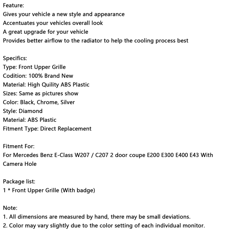 GT Style Front Bumper Grille Grill Fit Mercedes E-CLASS W207 Coupe 2014-2017