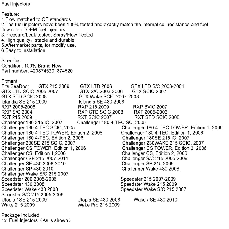 420874520 Fuel Injectors 874520 For Sea-Doo GTX 4 TEC GTX 215 GTX RXP