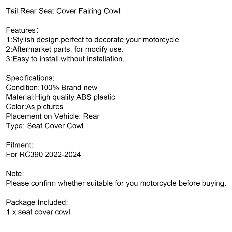 Tail Rear Seat Cover Fairing Cowl For RC390 2022-2024