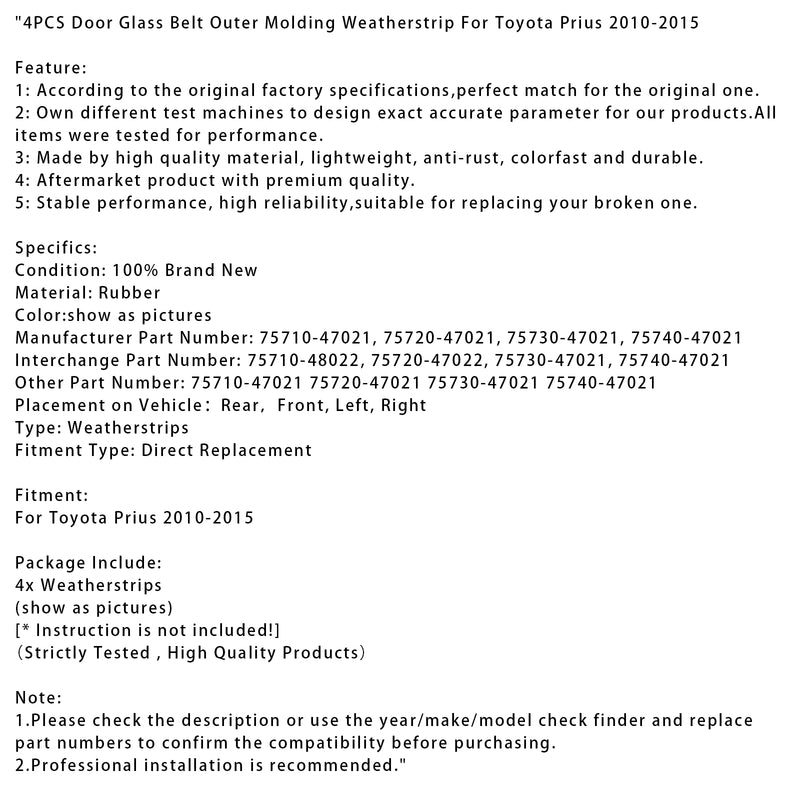 4PCS Door Glass Belt Outer Molding Weatherstrip For Toyota Prius 2010-2015