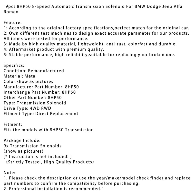 9pcs 8HP50 8-Speed Automatic Transmission Solenoid For BMW Dodge Jeep Alfa Romeo