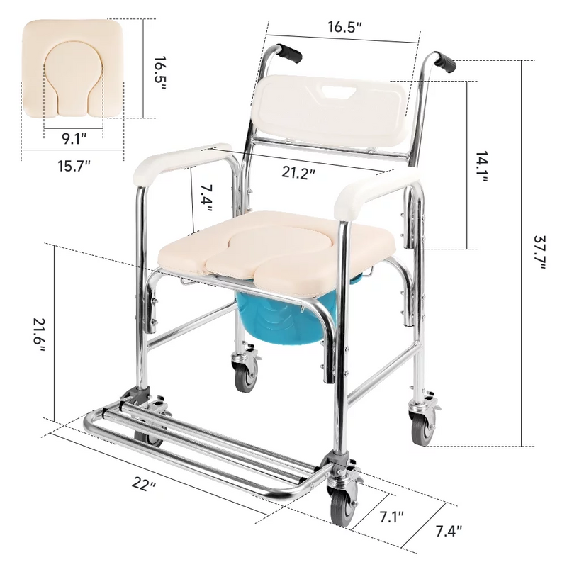 Multifunction Wheeled Mobile Toilet Commode Shower Chair Wheelchair For Elderly