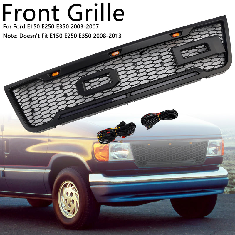 Black Front Bumper Grill Grille Fit Ford E150 E250 E350 2003-2007 With Led