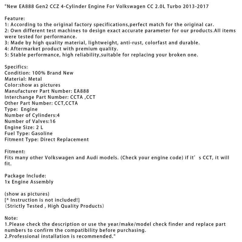 New EA888 Gen2 CCZ 4-Cylinder Engine For Volkswagen CC 2.0L Turbo 2013-2017