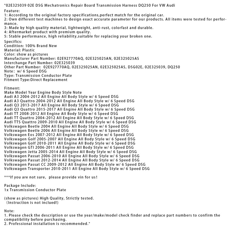 Volkswagen Golf 2005-2007 (Golf Transporter 2010-2011)  02E325039 02E DSG Mechatronics Repair Board Transmission Harness DQ250