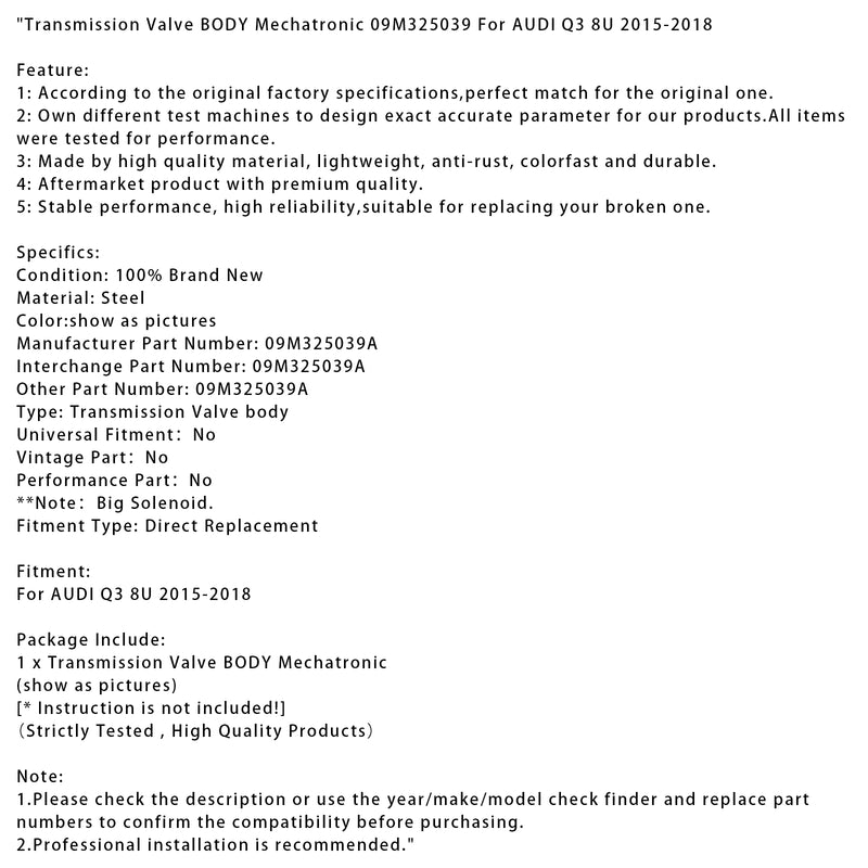 Transmission Valve BODY Mechatronic 09M325039 For AUDI Q3 8U 2015-2018