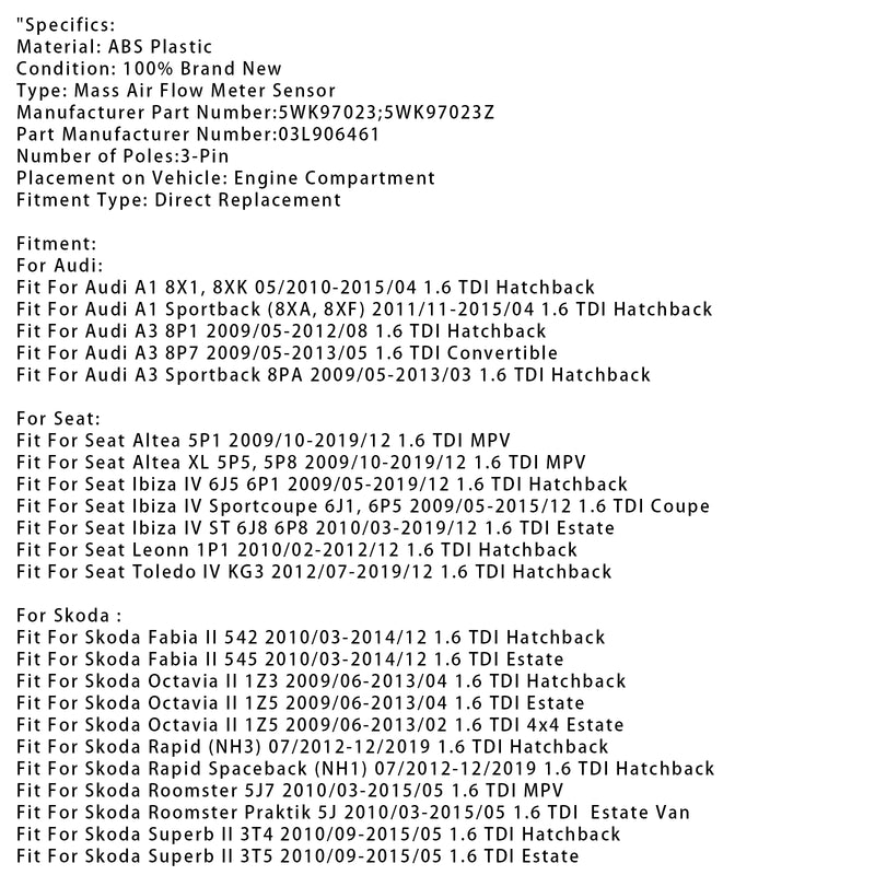 Mass Air Flow Meter Sensor For VW Golf VI Audi A1 Seat Leon 1.6TDI 5WK97023