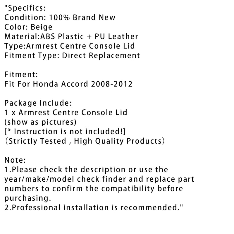 Beige Leather Armrest Centre Console Lid For Honda Accord 2008-2012