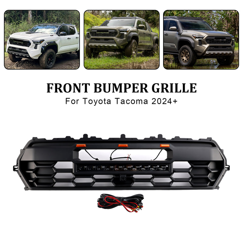 Black Front Bumper Grille Grill Fit Toyota Tacoma 2024+ With Led & Light Bar
