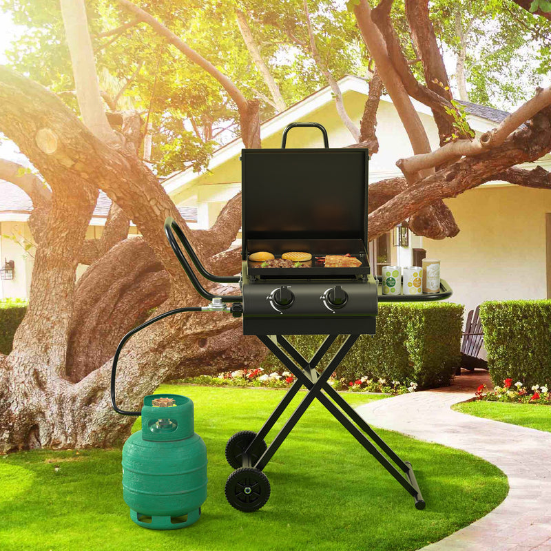 Portable Leg Propane Grill Folding Gas Grill Griddle w/Hood & Side Shelf